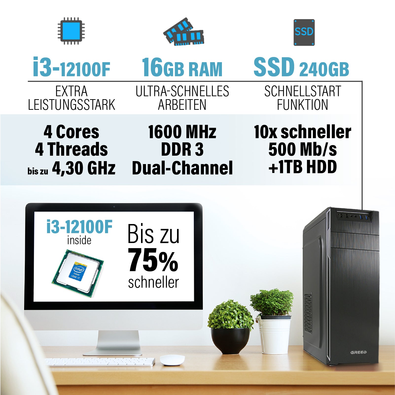 GREED® Multimedia Computer,Intel Core i3-12100F - Schneller PC für Büro & Home Office inkl. Windows 11 Pro GREED® Multimedia Computer,Intel Core i3-12100F - Schneller PC für Büro & Home Office inkl. Windows 11 Pro
